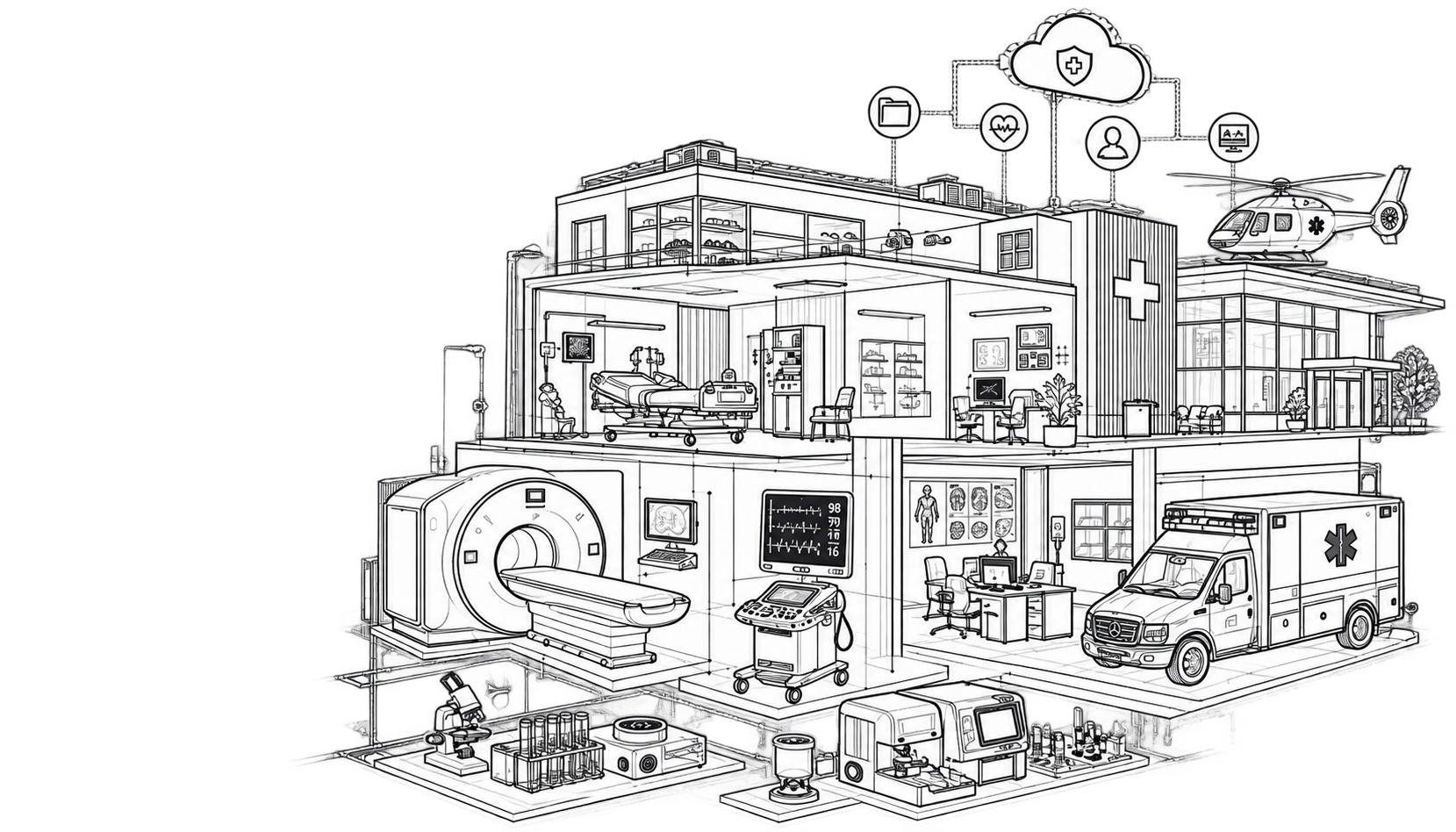 Healthcare systems line drawing