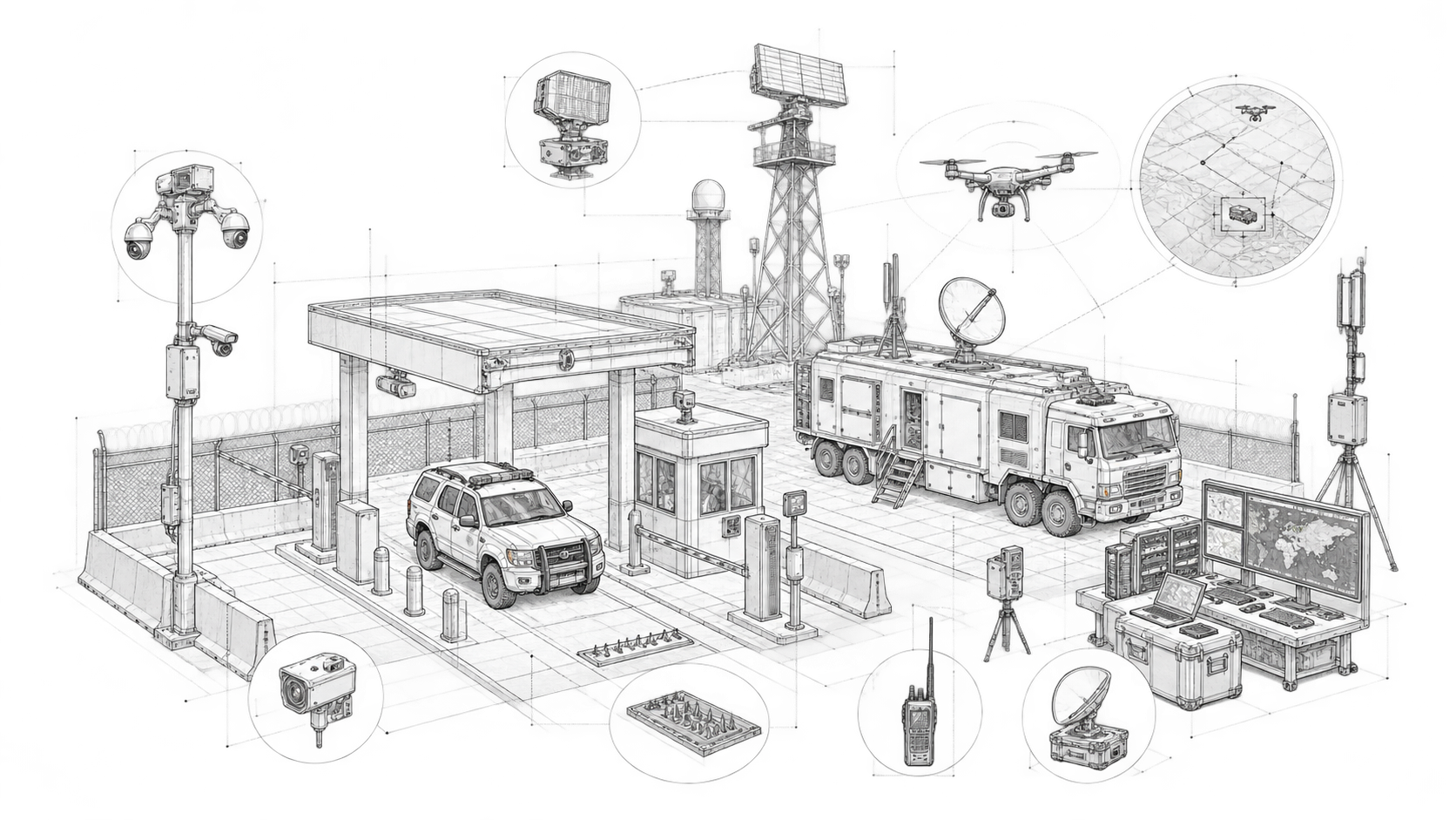 Homeland and internal-security operations shown in monochrome technical linework