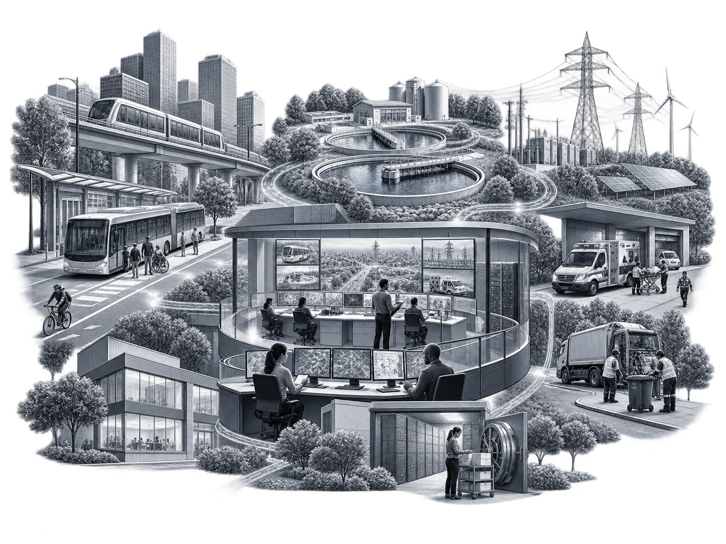 Public sector and government operations shown in monochrome technical linework