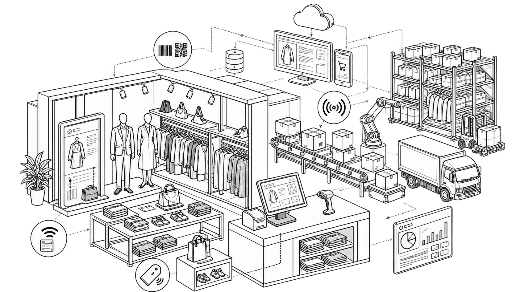 Retail and fashion systems line drawing